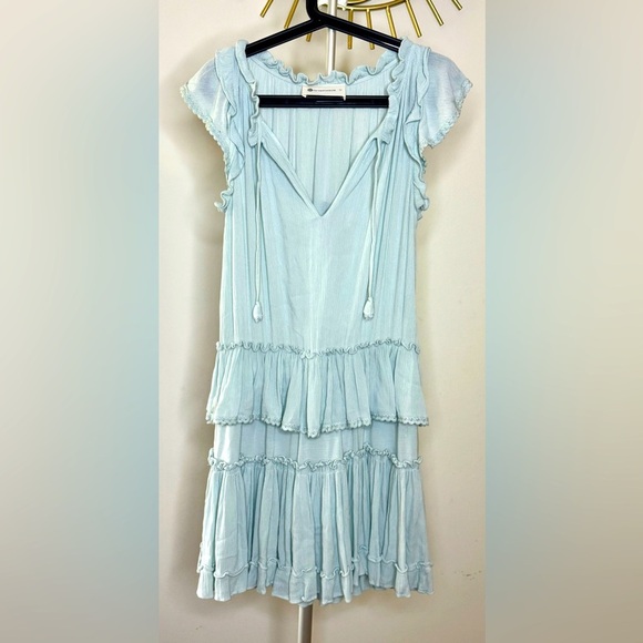 The impeccable pig light blue rayon tiered dress flutter cap sleeves large EUC - Picture 1 of 8